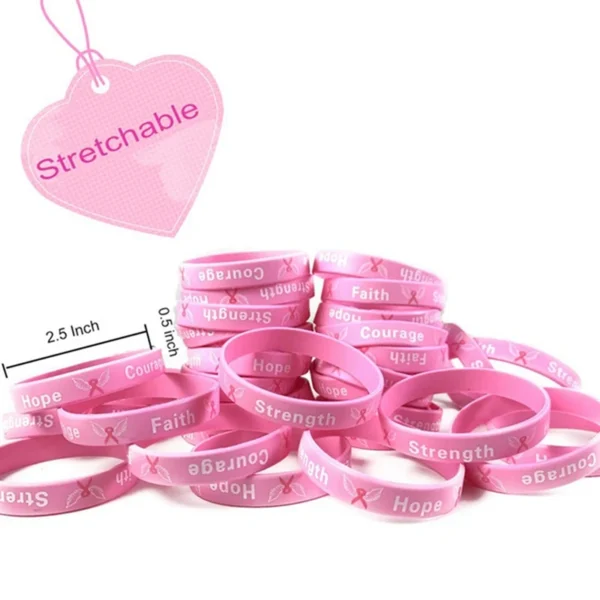 A stack of Breast Cancer Awareness Bracelets.