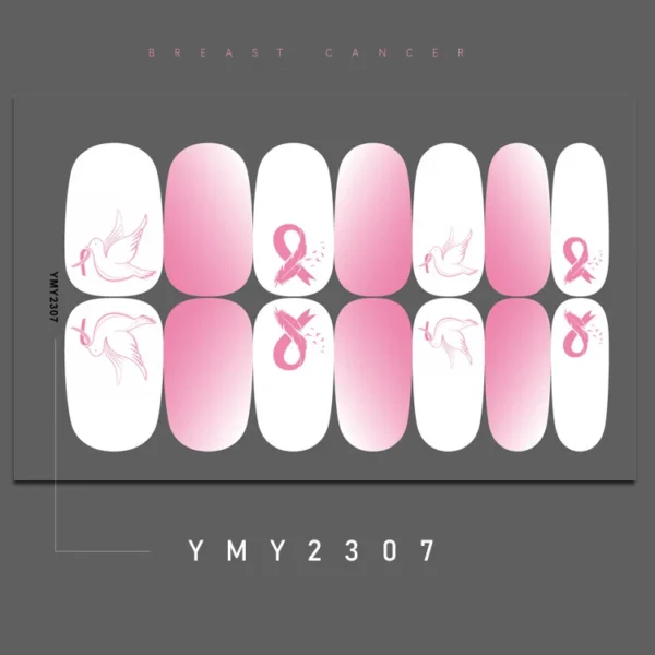 A Breast Cancer Series Nail Art with a pink ribbon on it.