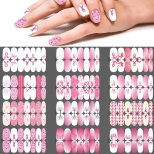 A woman's nails are decorated with Breast Cancer Series Nail Art designs.