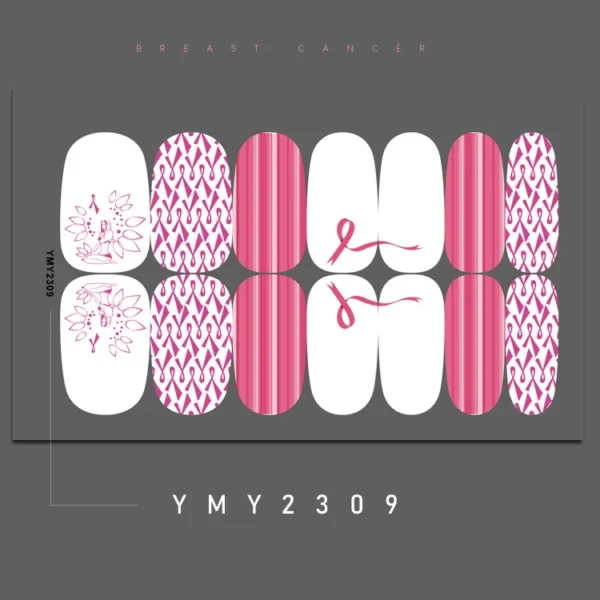 Pink and white nail decals with Breast Cancer Series designs.