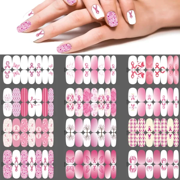 A woman's nails are decorated with Breast Cancer Series Nail Art designs.