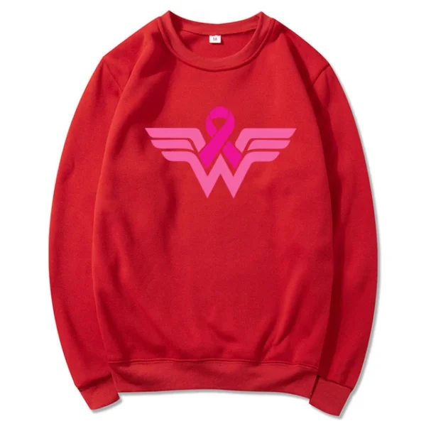 A red Superhero Sweatshirt with a pink Wonder Woman logo on it.