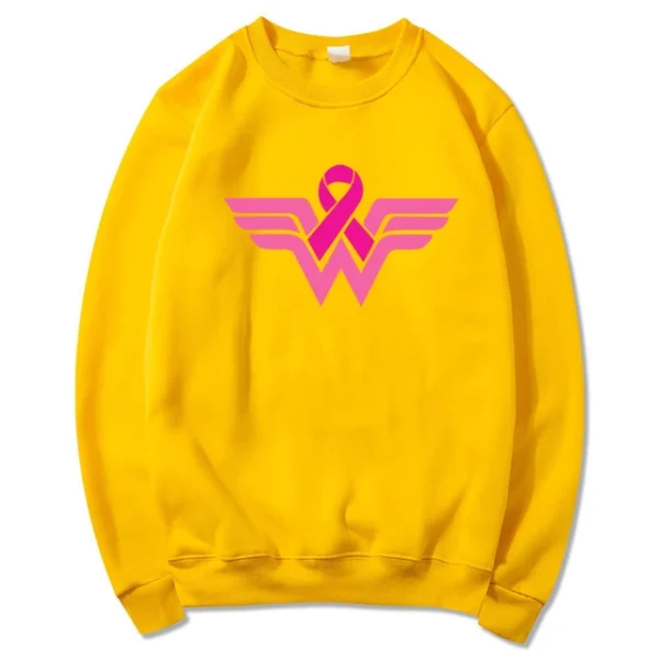 A Superhero Sweatshirt with a pink ribbon on it.