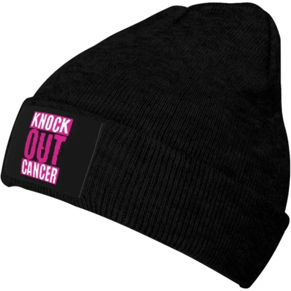 A black Beanie Knit Cap that says knock out cancer.