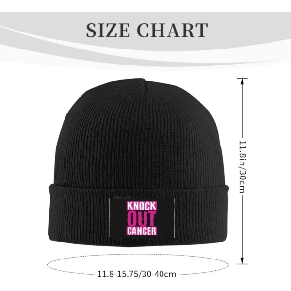 A black Beanie Knit Cap with the size chart on it.