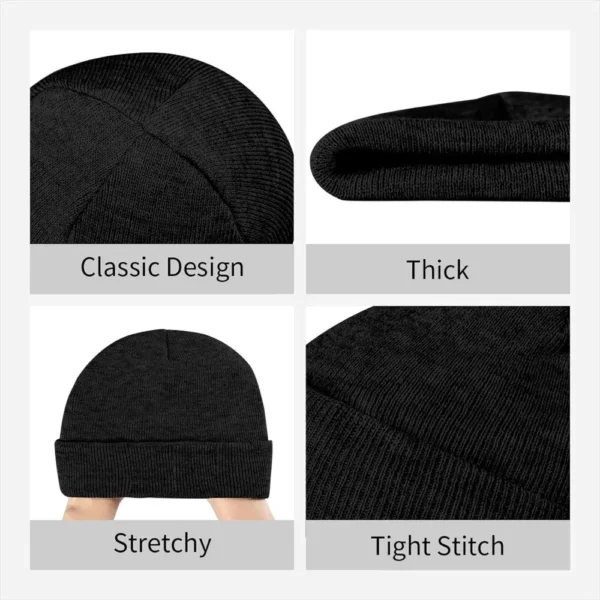 A picture of a black Beanie Knit Cap with different types of stitching.