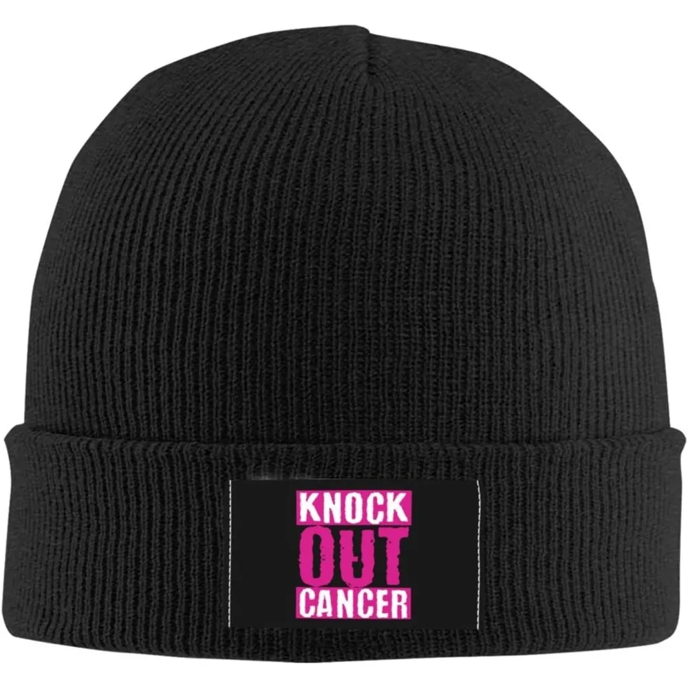 A black Beanie Knit Cap that says knock out cancer.