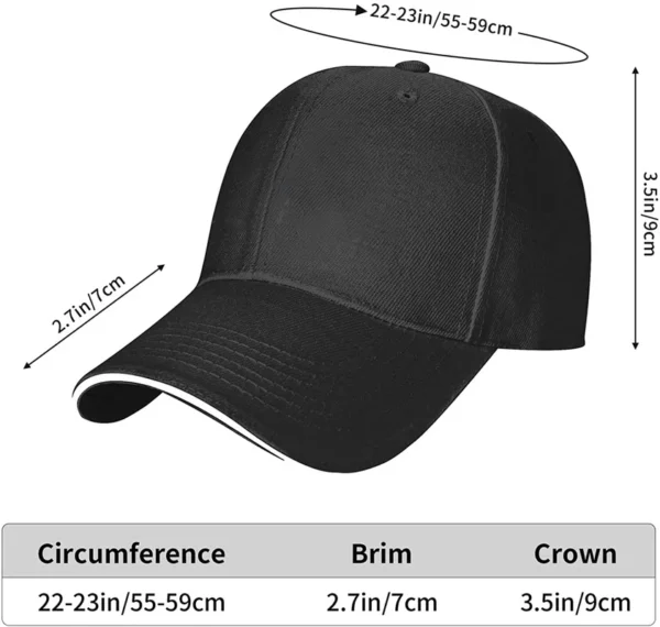 A picture of a black Washed Twill Sandwich Hat with measurements.