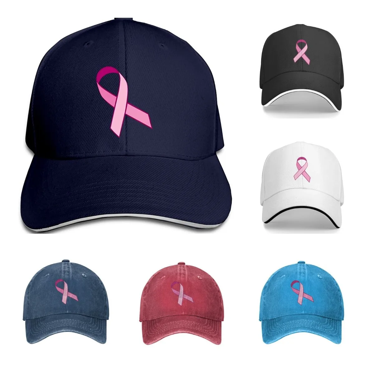 A group of Washed Twill Sandwich Hats with pink ribbon on them.