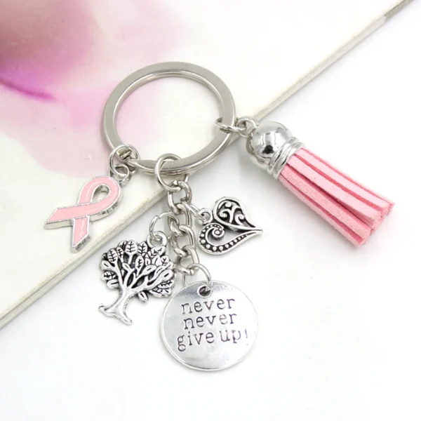 A Charms Key Chain with a pink ribbon and tassel.