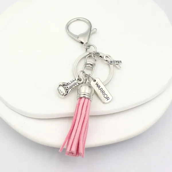 A Charms Key Chain with a pink ribbon and tassel.