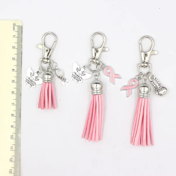 A Charms Key Chain with a pink ribbon and tassel.