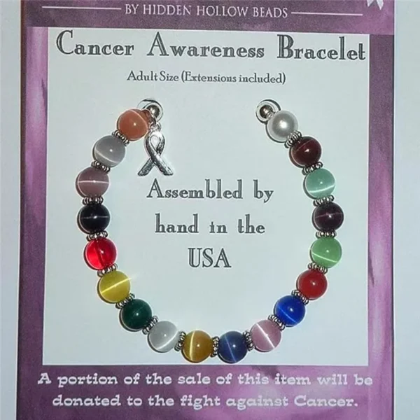 A Pink Ribbon Beaded Bracelet with a cancer awareness message.