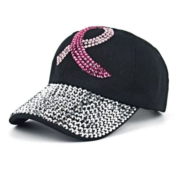 A black Bling Baseball Hat with pink swarovski crystals.