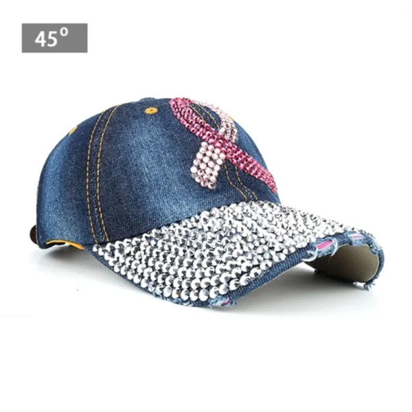 A Bling Baseball Hat with a pink ribbon and rhinestones.