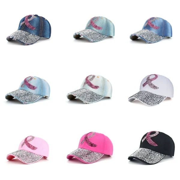 A collection of Bling Baseball Hats with pink ribbon.