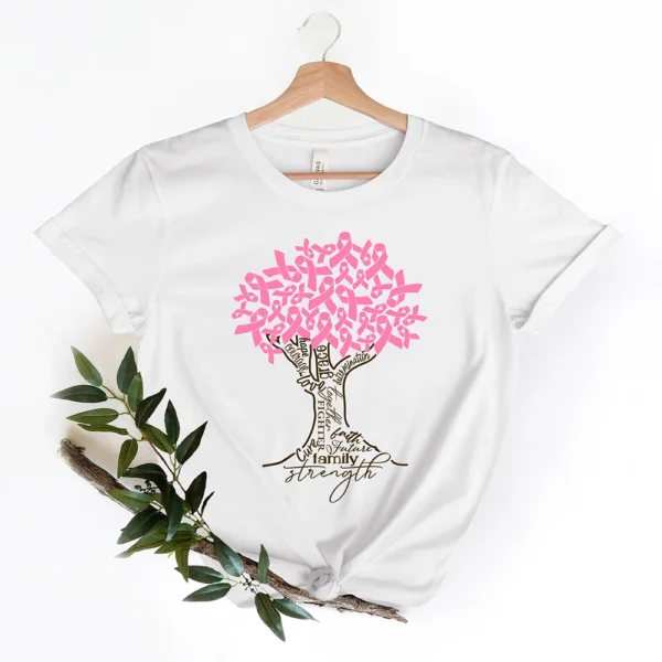 A Pink Ribbon Tree T Shirt with an image of a tree and pink ribbons.