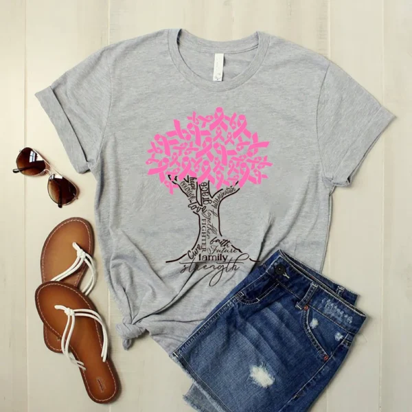 A Pink Ribbon Tree T Shirt with an image of a tree and pink ribbons.