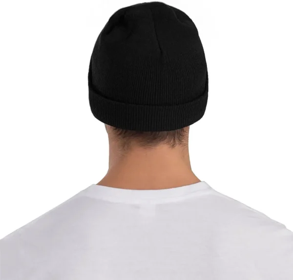 The back view of a man wearing a black Beanie Knit Cap.