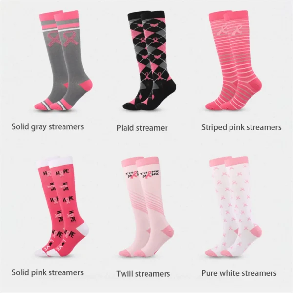 A variety of Unisex Socks with pink and grey colors and different designs.