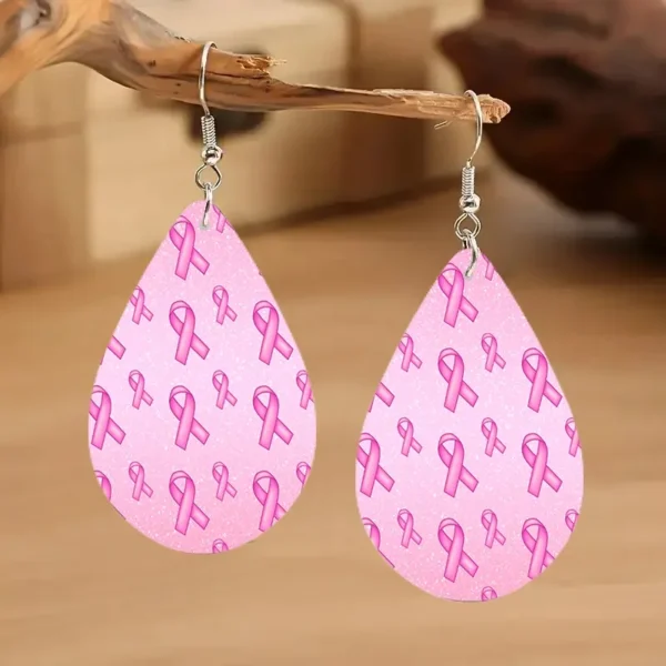 Pink ribbon water drop earrings.