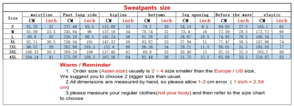 A chart showing the sizes of a pair of Men's Sweat Pants.