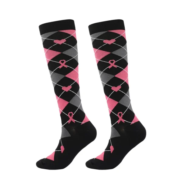 A pair of Unisex Socks in black and pink argyle pattern.