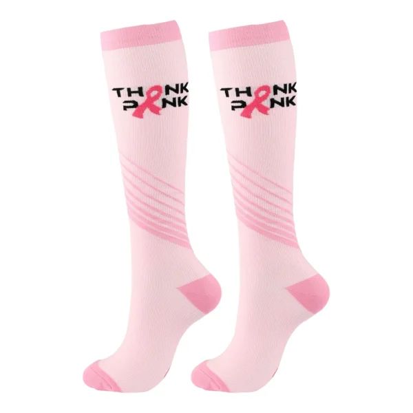 A pair of Unisex Socks with pink fabric and black text.