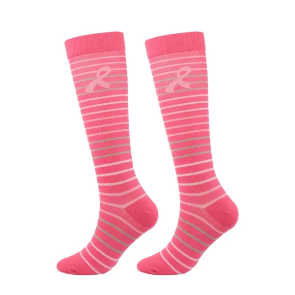 A pair of Unisex Socks with a pink ribbon on them.